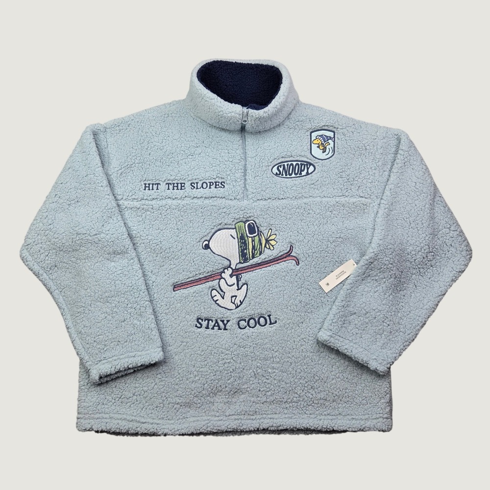 Peanuts Snoopy Sherpa Fleece Pullover Women XL Blue Hit The Slopes Apres Ski NWT